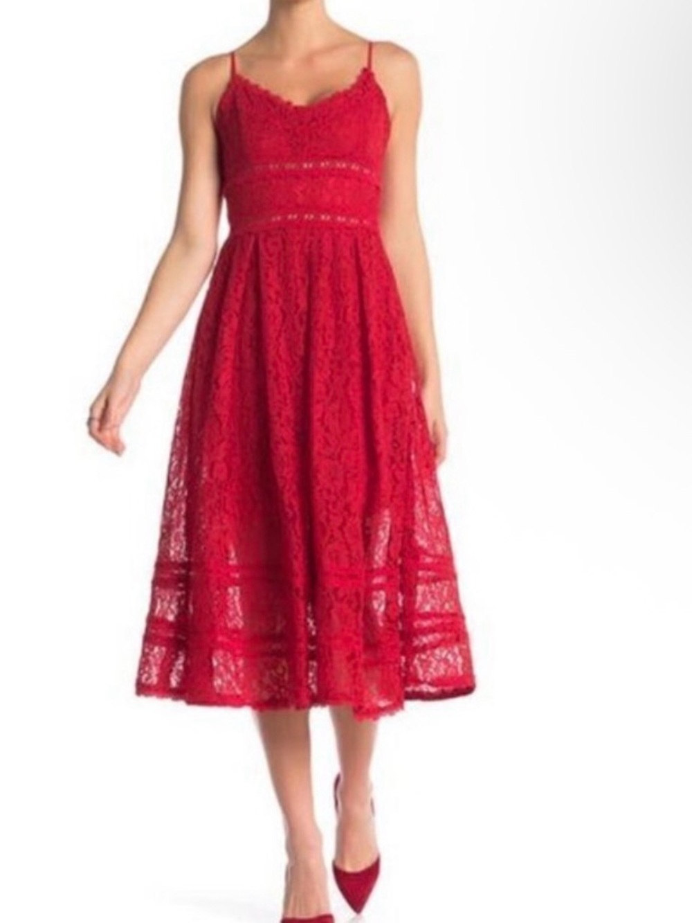 NSR Red Lace Midi Dress with Spaghetti Straps and Fit-and-Flare Skirt